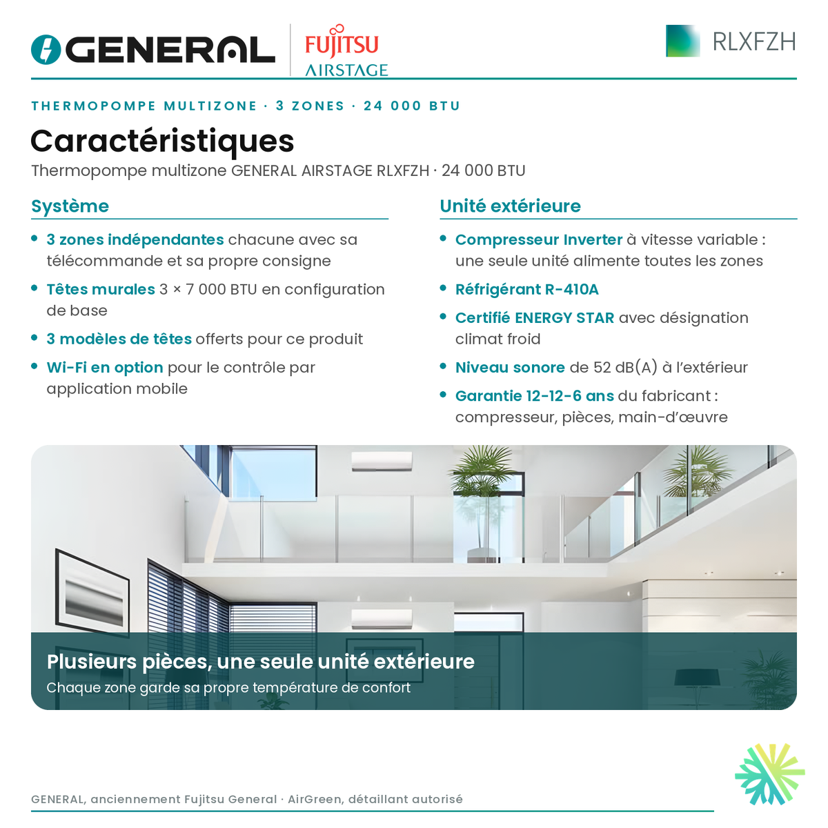 Thermopompe multizone GENERAL AIRSTAGE RLXFZH 3 zones 24 000 BTU – caractéristiques | Montréal, Laval, Longueuil, Rive-Sud, Rive-Nord