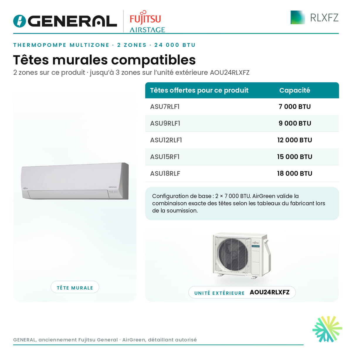 Thermopompe multizone GENERAL AIRSTAGE RLXFZ 2 zones 24 000 BTU – têtes murales compatibles | Montréal, Laval, Longueuil, Rive-Sud, Rive-Nord
