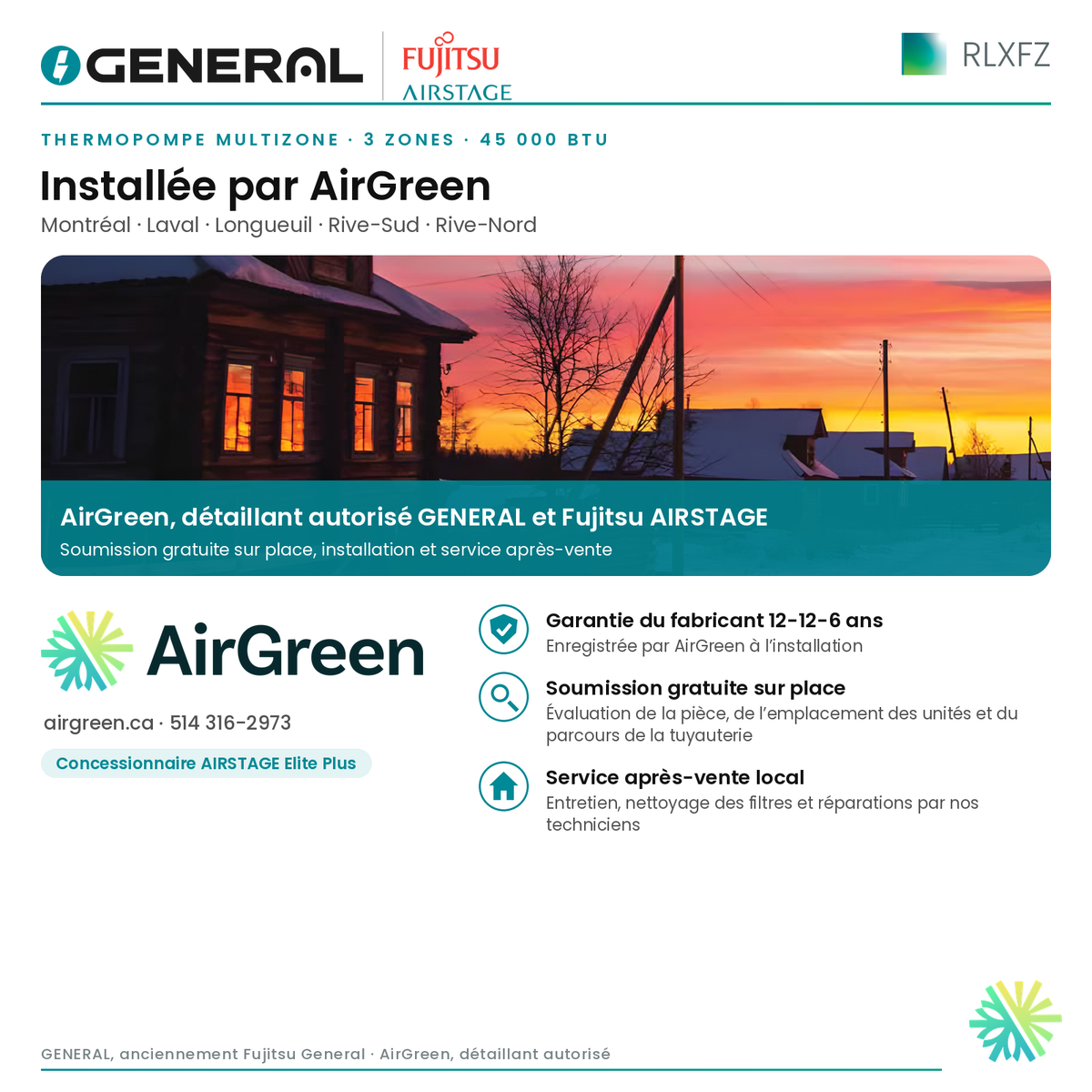 Thermopompe multizone GENERAL AIRSTAGE RLXFZ 3 zones 45 000 BTU – installée par AirGreen | Montréal, Laval, Longueuil, Rive-Sud, Rive-Nord