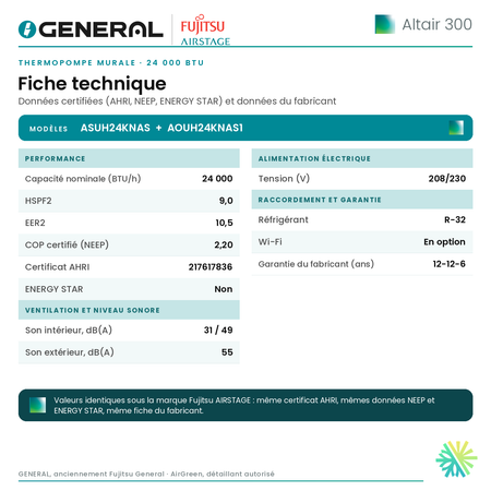 Thermopompe murale GENERAL AIRSTAGE ALTAIR 300 24 000 BTU – fiche technique | Montréal, Laval, Longueuil, Rive-Sud, Rive-Nord