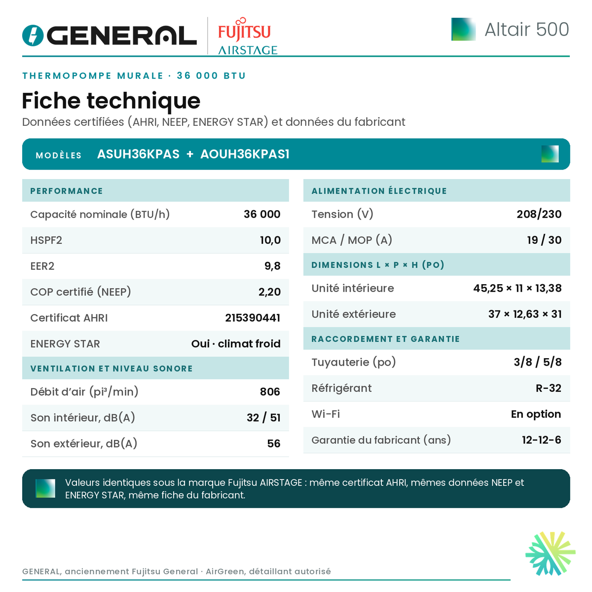 Thermopompe murale GENERAL AIRSTAGE ALTAIR 500 36 000 BTU – fiche technique | Montréal, Laval, Longueuil, Rive-Sud, Rive-Nord