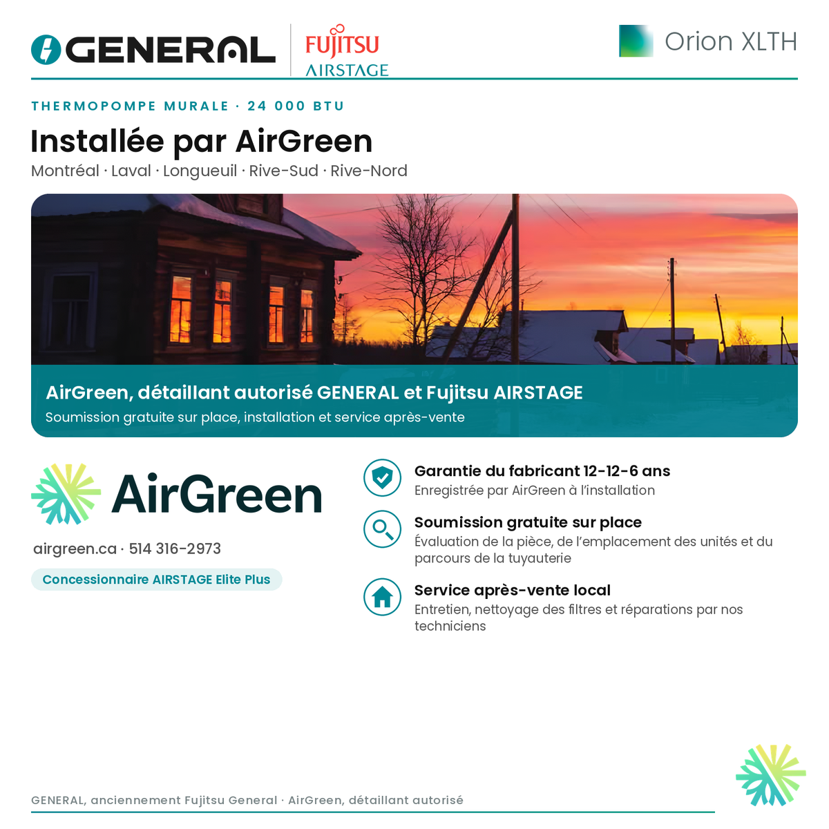 Thermopompe murale GENERAL AIRSTAGE ORION XLTH 24 000 BTU – installée par AirGreen | Montréal, Laval, Longueuil, Rive-Sud, Rive-Nord
