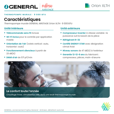 Thermopompe murale GENERAL AIRSTAGE ORION XLTH 9 000 BTU – caractéristiques | Montréal, Laval, Longueuil, Rive-Sud, Rive-Nord
