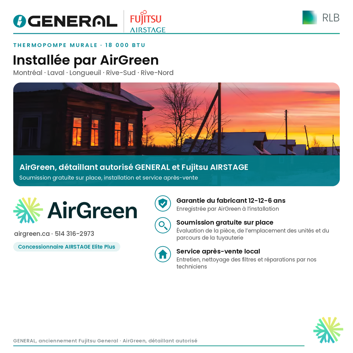 Thermopompe murale GENERAL AIRSTAGE RLB 18 000 BTU – installée par AirGreen | Montréal, Laval, Longueuil, Rive-Sud, Rive-Nord