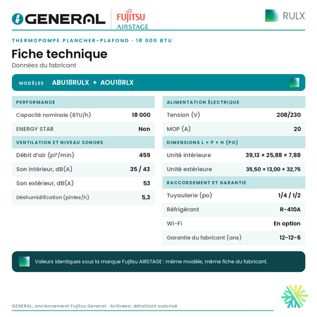 Thermopompe plancher-plafond GENERAL AIRSTAGE RULX 18 000 BTU – fiche technique | Montréal, Laval, Longueuil, Rive-Sud, Rive-Nord
