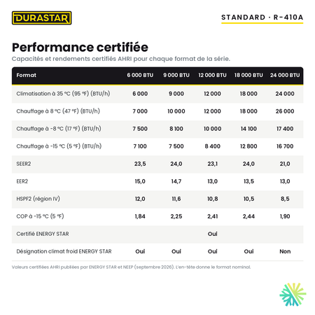 Performance certifiée AHRI de la thermopompe murale DURASTAR Standard 6 000 BTU R-410A : capacités en chauffage et en climatisation, SEER2, EER2, HSPF2 et COP