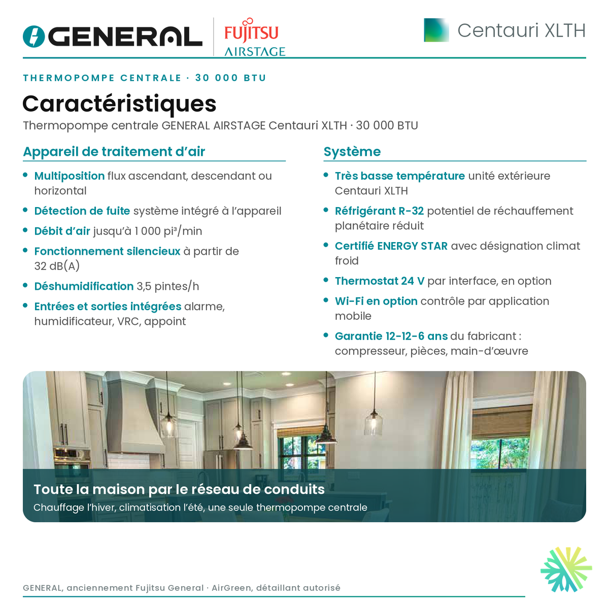 Thermopompe centrale GENERAL AIRSTAGE Centauri XLTH 30 000 BTU – caractéristiques | Montréal, Laval, Longueuil, Rive-Sud, Rive-Nord
