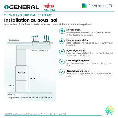 Thermopompe centrale GENERAL AIRSTAGE Centauri XLTH 48 000 BTU – installation au sous-sol (appareil multiposition et réseau de conduits) | Montréal, Laval, Longueuil, Rive-Sud, Rive-Nord