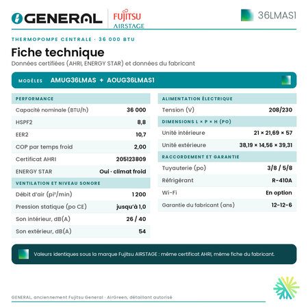 Thermopompe centrale GENERAL AIRSTAGE 36LMAS1 36 000 BTU – fiche technique | Montréal, Laval, Longueuil, Rive-Sud, Rive-Nord
