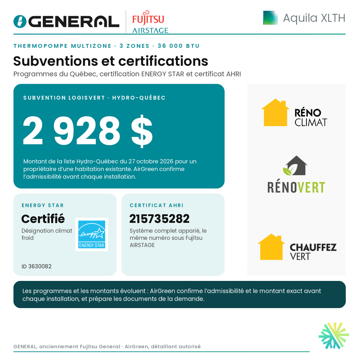 Thermopompe multizone GENERAL AIRSTAGE Aquila XLTH 3 zones 36 000 BTU – subventions et certifications | Montréal, Laval, Longueuil, Rive-Sud, Rive-Nord