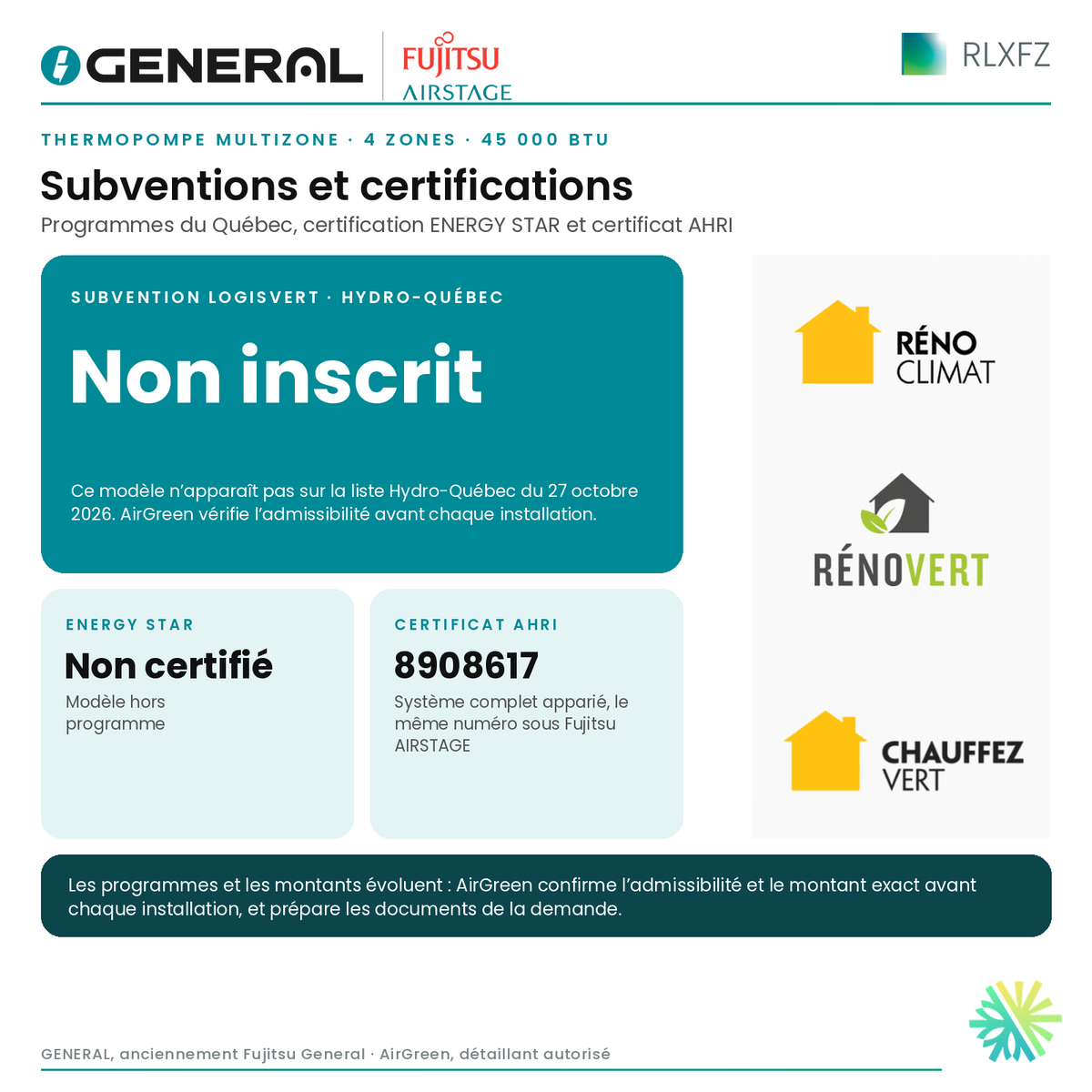 Thermopompe multizone GENERAL AIRSTAGE RLXFZ 4 zones 45 000 BTU – subventions et certifications | Montréal, Laval, Longueuil, Rive-Sud, Rive-Nord