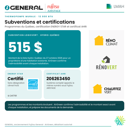 Thermopompe murale GENERAL AIRSTAGE LMAH 12 000 BTU – subventions et certifications | Montréal, Laval, Longueuil, Rive-Sud, Rive-Nord