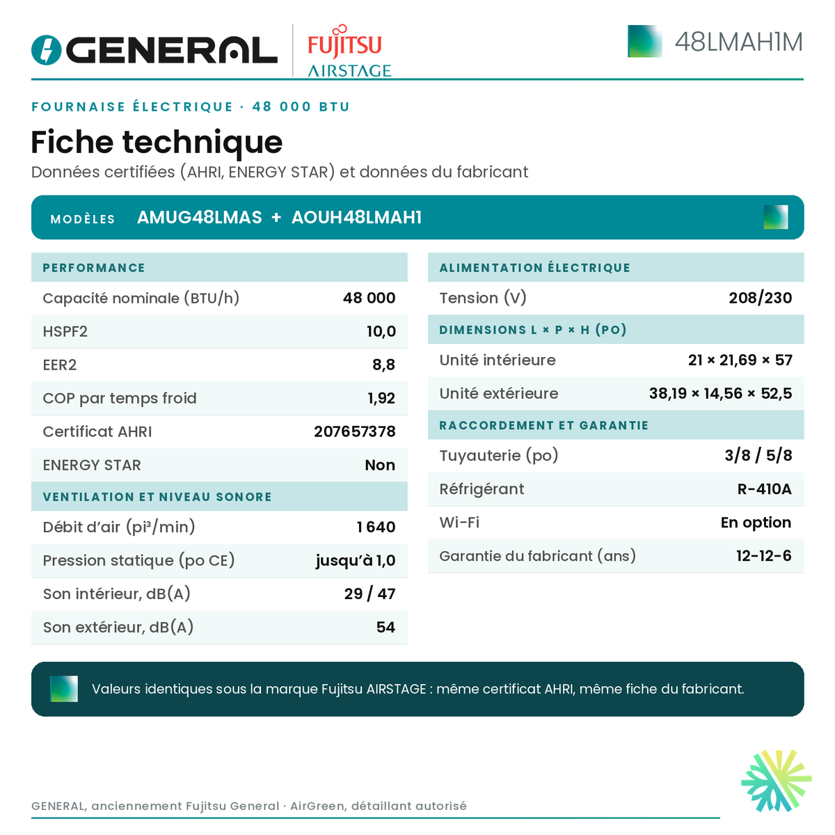 Fournaise électrique GENERAL AIRSTAGE 48LMAH1M 48 000 BTU – fiche technique | Montréal, Laval, Longueuil, Rive-Sud, Rive-Nord