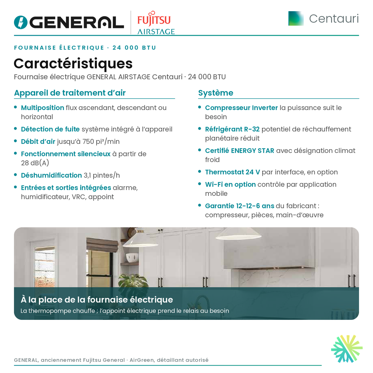 Fournaise électrique GENERAL AIRSTAGE Centauri 24 000 BTU – caractéristiques | Montréal, Laval, Longueuil, Rive-Sud, Rive-Nord