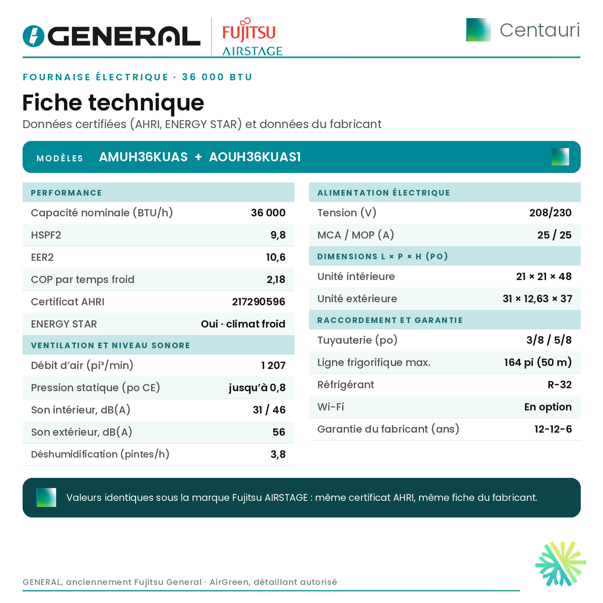 Fournaise électrique GENERAL AIRSTAGE Centauri 36 000 BTU – fiche technique | Montréal, Laval, Longueuil, Rive-Sud, Rive-Nord