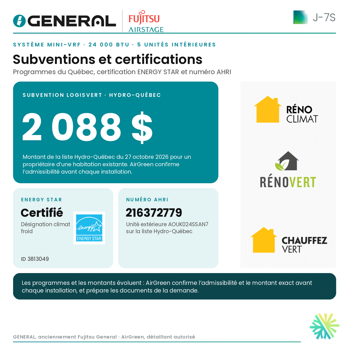 Système mini-VRF GENERAL AIRSTAGE J-7S 24 000 BTU, 5 unités intérieures – subventions et certifications | Montréal, Laval, Longueuil, Rive-Sud, Rive-Nord