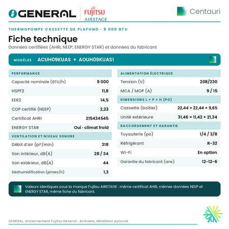 Thermopompe cassette de plafond GENERAL AIRSTAGE Centauri 9 000 BTU – fiche technique | Montréal, Laval, Longueuil, Rive-Sud, Rive-Nord