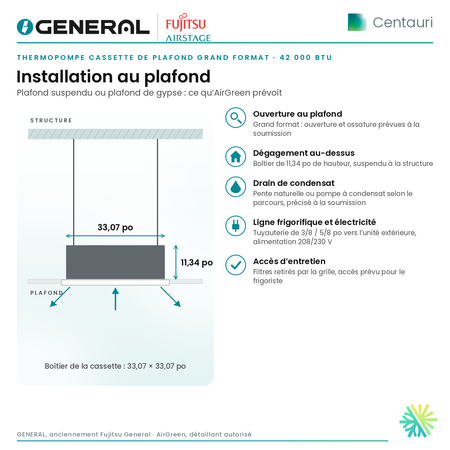 Thermopompe cassette de plafond grand format GENERAL AIRSTAGE Centauri 42 000 BTU – installation au plafond | Montréal, Laval, Longueuil, Rive-Sud, Rive-Nord
