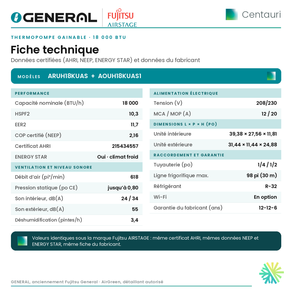 Thermopompe gainable GENERAL AIRSTAGE Centauri 18 000 BTU – fiche technique | Montréal, Laval, Longueuil, Rive-Sud, Rive-Nord