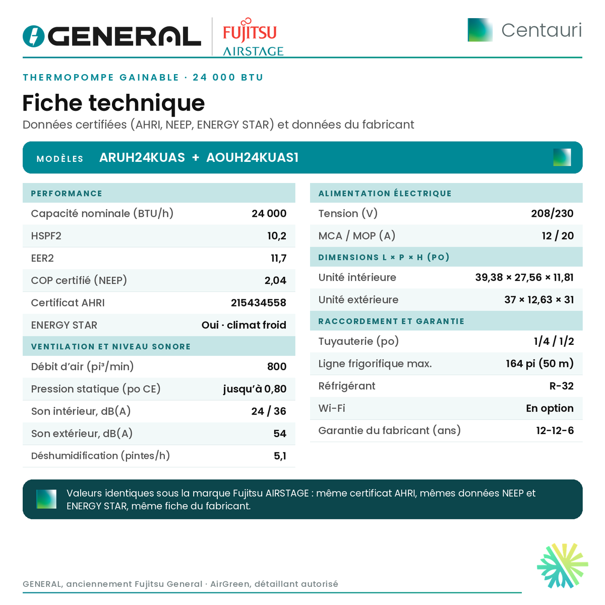 Thermopompe gainable GENERAL AIRSTAGE Centauri 24 000 BTU – fiche technique | Montréal, Laval, Longueuil, Rive-Sud, Rive-Nord