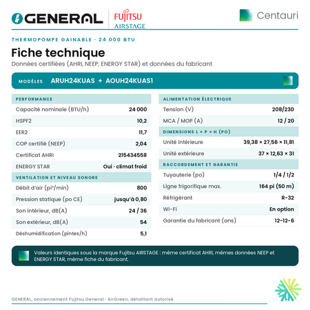 Thermopompe gainable GENERAL AIRSTAGE Centauri 24 000 BTU – fiche technique | Montréal, Laval, Longueuil, Rive-Sud, Rive-Nord