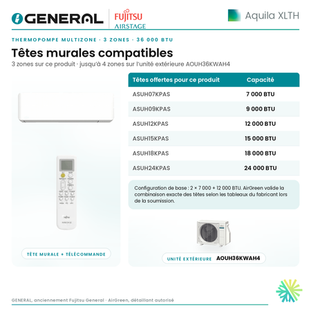 Thermopompe multizone GENERAL AIRSTAGE Aquila XLTH 3 zones 36 000 BTU – têtes murales compatibles | Montréal, Laval, Longueuil, Rive-Sud, Rive-Nord