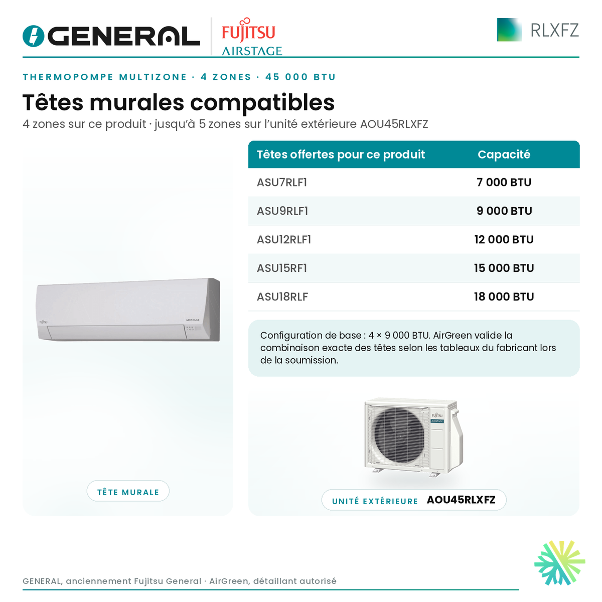 Thermopompe multizone GENERAL AIRSTAGE RLXFZ 4 zones 45 000 BTU – têtes murales compatibles | Montréal, Laval, Longueuil, Rive-Sud, Rive-Nord