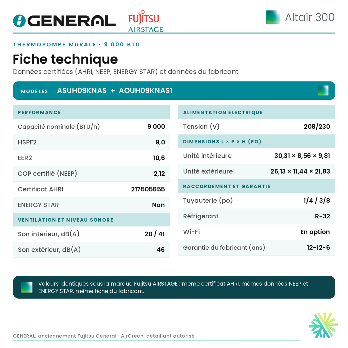 Thermopompe murale GENERAL AIRSTAGE ALTAIR 300 9 000 BTU – fiche technique | Montréal, Laval, Longueuil, Rive-Sud, Rive-Nord