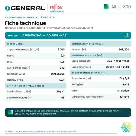 Thermopompe murale GENERAL AIRSTAGE ALTAIR 300 9 000 BTU – fiche technique | Montréal, Laval, Longueuil, Rive-Sud, Rive-Nord