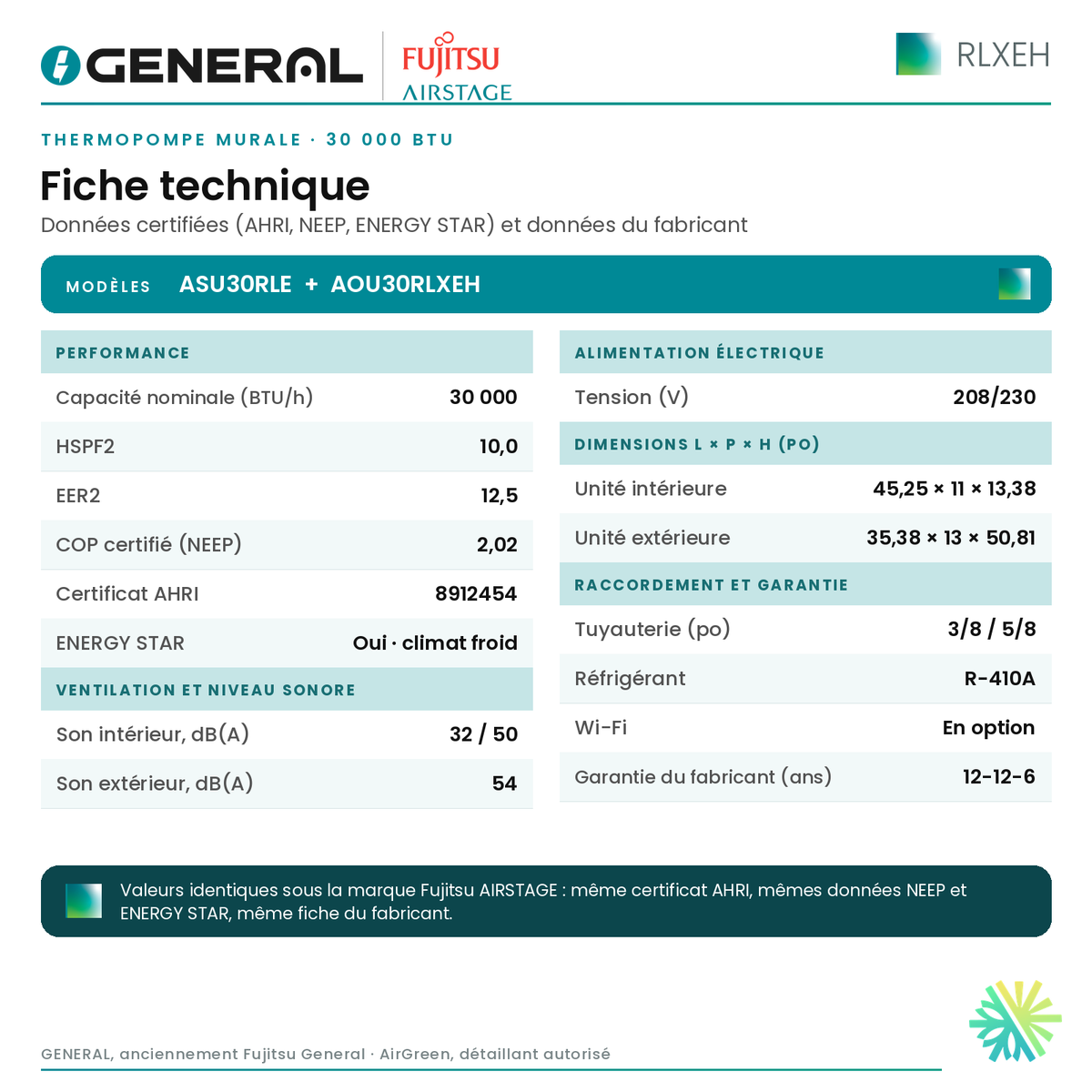 Thermopompe murale GENERAL AIRSTAGE RLXEH 30 000 BTU – fiche technique | Montréal, Laval, Longueuil, Rive-Sud, Rive-Nord