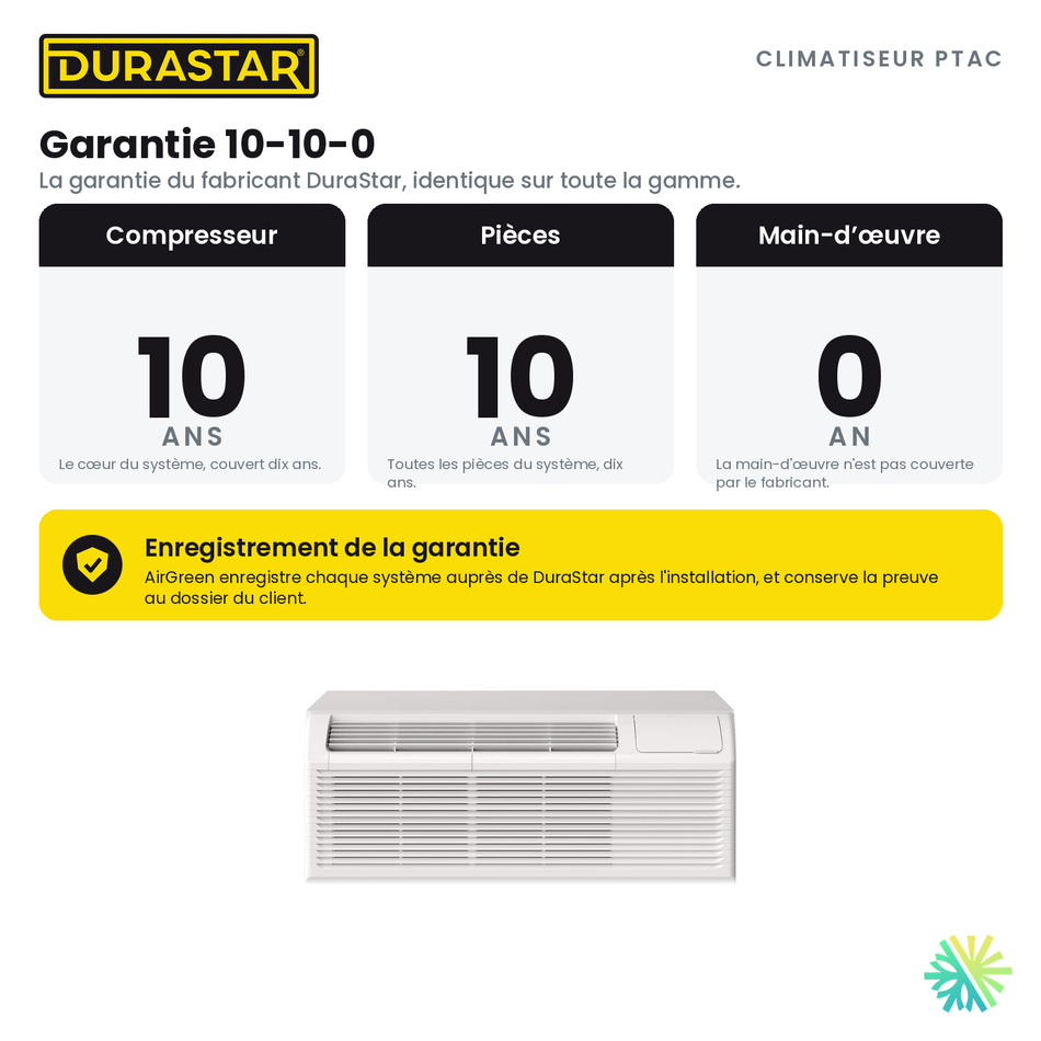 Climatiseur PTAC DURASTAR | 9000 BTU - R410A — la garantie 10-10-0 | AirGreen