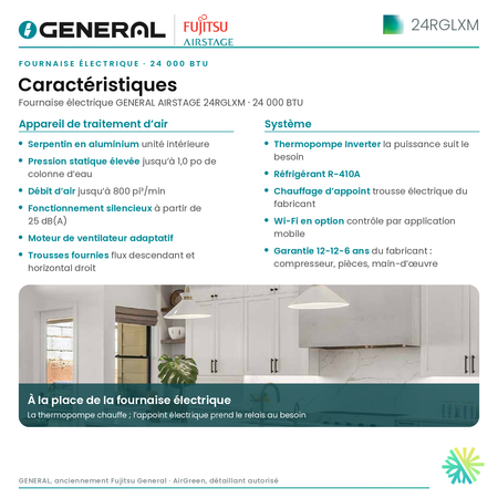 Fournaise électrique GENERAL AIRSTAGE 24RGLXM 24 000 BTU – caractéristiques | Montréal, Laval, Longueuil, Rive-Sud, Rive-Nord