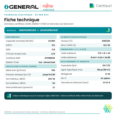 Fournaise électrique GENERAL AIRSTAGE Centauri 24 000 BTU – fiche technique | Montréal, Laval, Longueuil, Rive-Sud, Rive-Nord