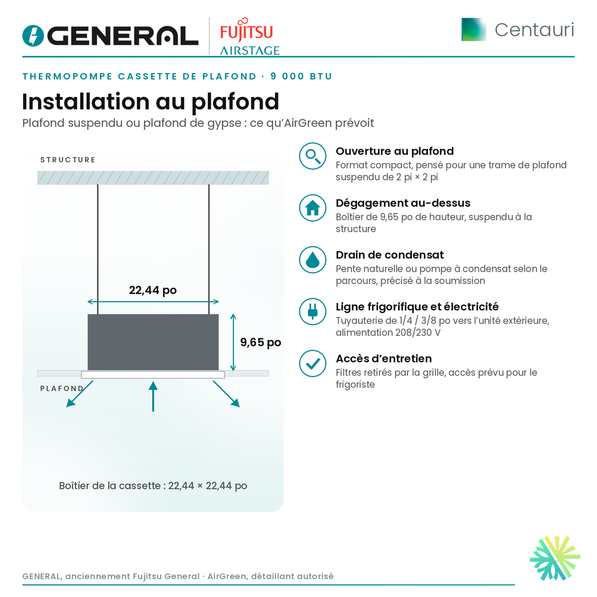 Thermopompe cassette de plafond GENERAL AIRSTAGE Centauri 9 000 BTU – installation au plafond | Montréal, Laval, Longueuil, Rive-Sud, Rive-Nord