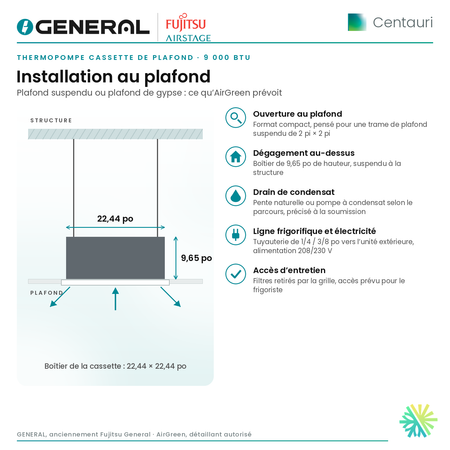 Thermopompe cassette de plafond GENERAL AIRSTAGE Centauri 9 000 BTU – installation au plafond | Montréal, Laval, Longueuil, Rive-Sud, Rive-Nord