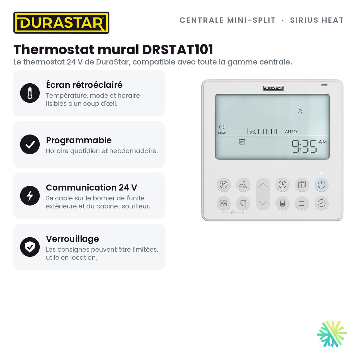 Thermopompe Centrale Mini-Split DURASTAR Sirius Heat | 2 Tonnes - 24000 BTU - R454B — le contrôle | AirGreen