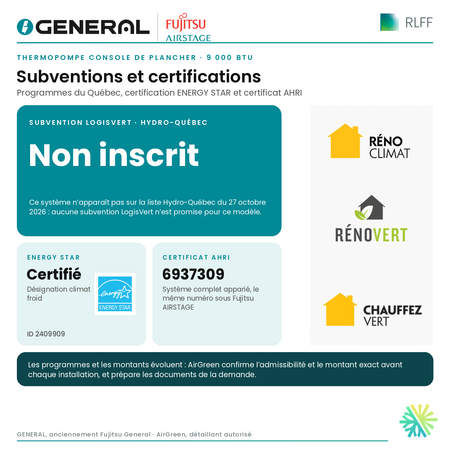 Thermopompe console de plancher GENERAL AIRSTAGE RLFF 9 000 BTU – subventions et certifications | Montréal, Laval, Longueuil, Rive-Sud, Rive-Nord