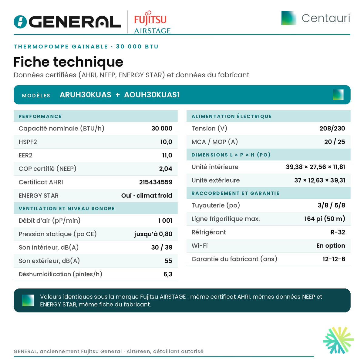 Thermopompe gainable GENERAL AIRSTAGE Centauri 30 000 BTU – fiche technique | Montréal, Laval, Longueuil, Rive-Sud, Rive-Nord