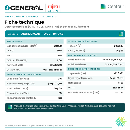 Thermopompe gainable GENERAL AIRSTAGE Centauri 30 000 BTU – fiche technique | Montréal, Laval, Longueuil, Rive-Sud, Rive-Nord