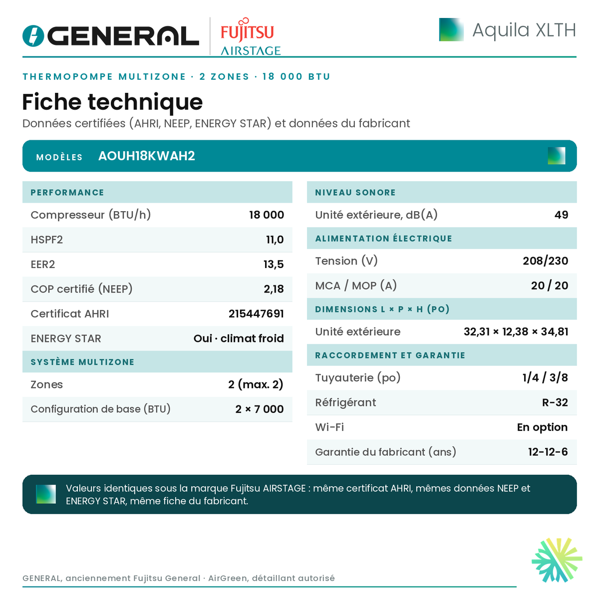 Thermopompe multizone GENERAL AIRSTAGE Aquila XLTH 2 zones 18 000 BTU – fiche technique | Montréal, Laval, Longueuil, Rive-Sud, Rive-Nord