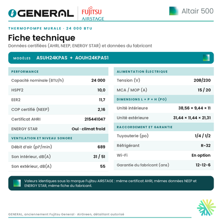 Thermopompe murale GENERAL AIRSTAGE ALTAIR 500 24 000 BTU – fiche technique | Montréal, Laval, Longueuil, Rive-Sud, Rive-Nord