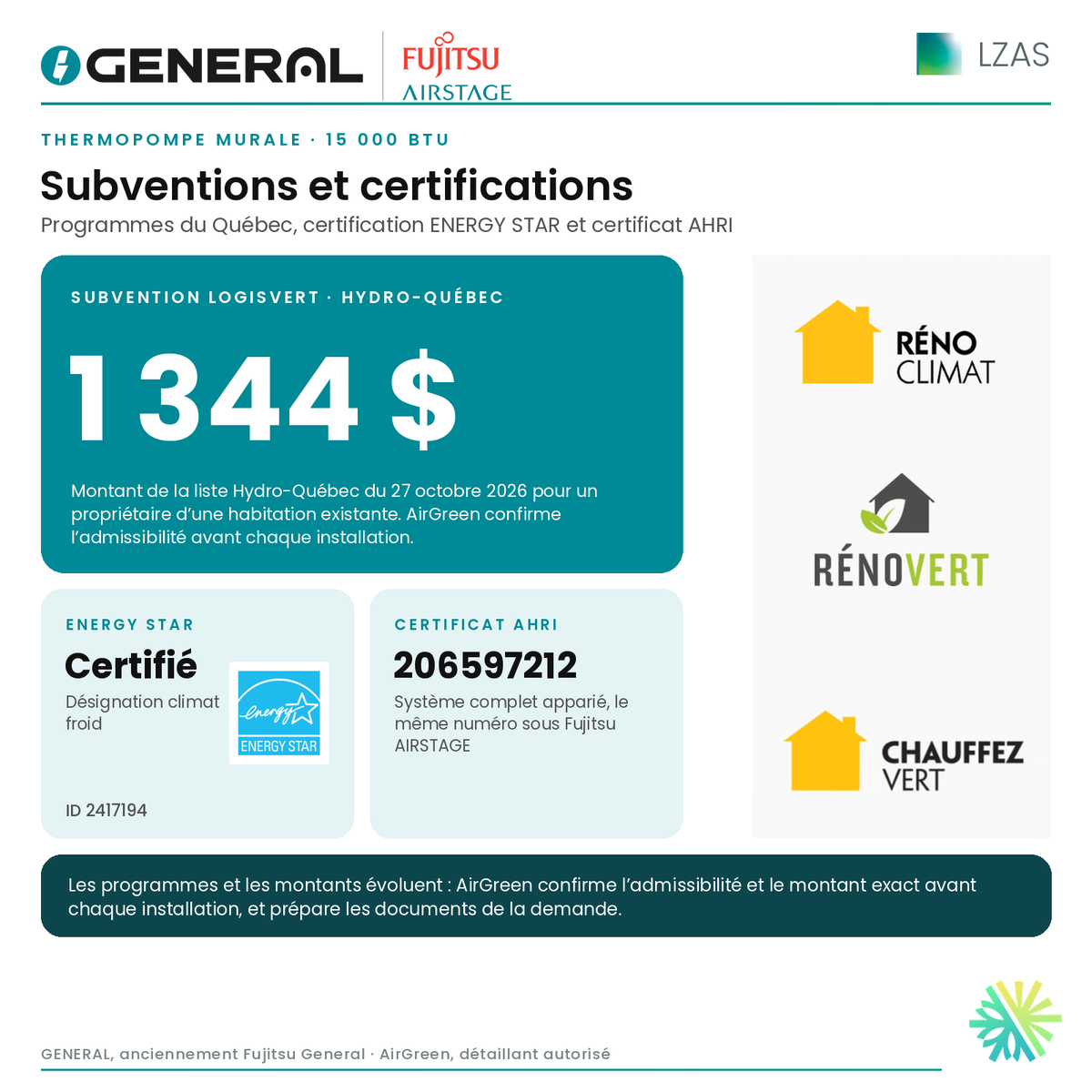 Thermopompe murale GENERAL AIRSTAGE LZAS 15 000 BTU – subventions et certifications | Montréal, Laval, Longueuil, Rive-Sud, Rive-Nord