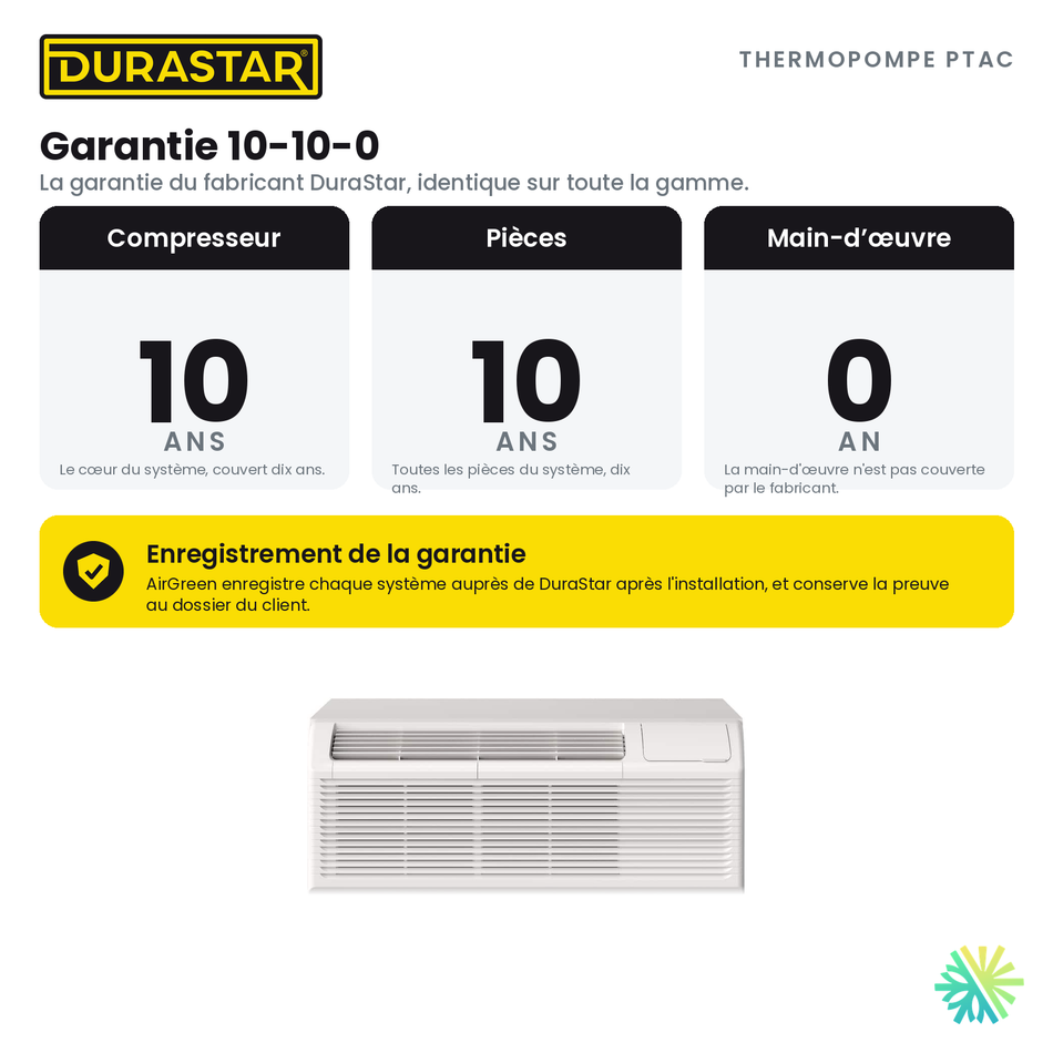 Thermopompe PTAC DURASTAR | 9000 BTU - R32 — la garantie 10-10-0 | AirGreen