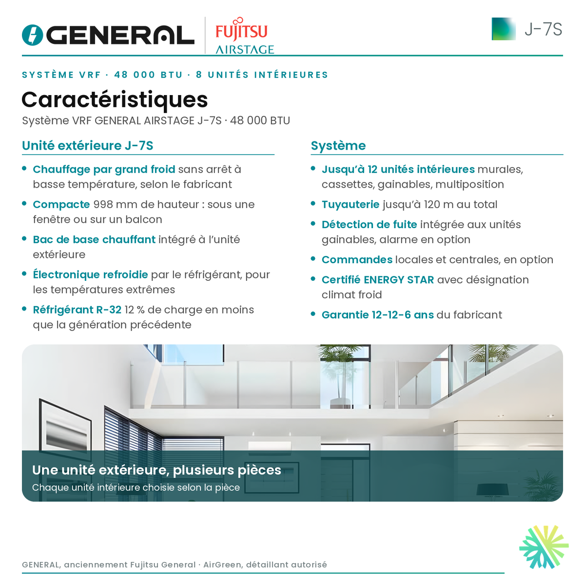 Système VRF GENERAL AIRSTAGE J-7S 48 000 BTU, 8 unités intérieures – caractéristiques | Montréal, Laval, Longueuil, Rive-Sud, Rive-Nord