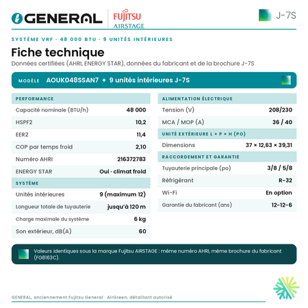 Système VRF GENERAL AIRSTAGE J-7S 48 000 BTU, 9 unités intérieures – fiche technique | Montréal, Laval, Longueuil, Rive-Sud, Rive-Nord