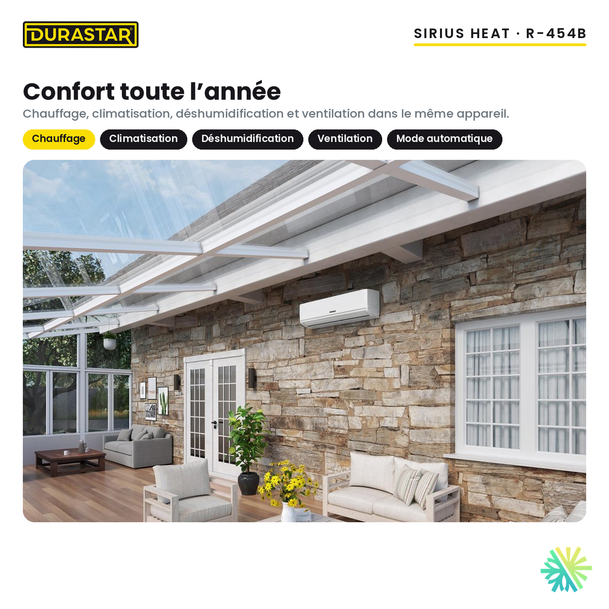 Thermopompe murale DURASTAR Sirius Heat 6 000 BTU R-454B : chauffage, climatisation, déshumidification et ventilation toute l’année