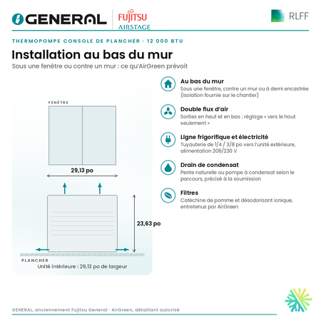 Thermopompe console de plancher GENERAL AIRSTAGE RLFF 12 000 BTU – installation au bas du mur | Montréal, Laval, Longueuil, Rive-Sud, Rive-Nord