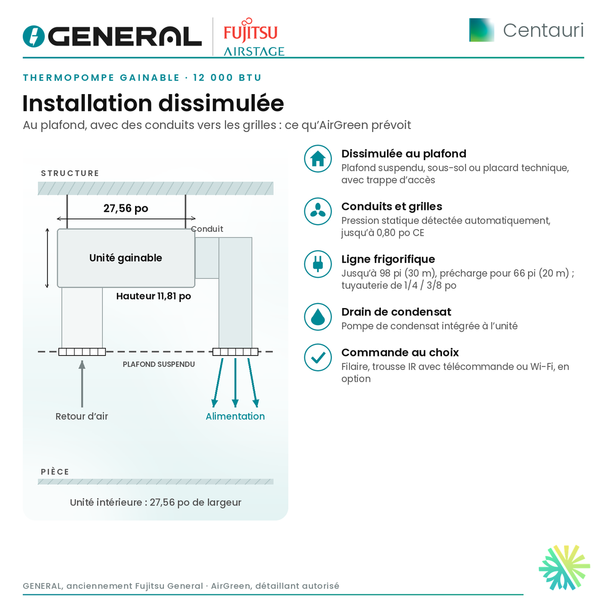 Thermopompe gainable GENERAL AIRSTAGE Centauri 12 000 BTU – installation dissimulée au plafond (conduits et grilles) | Montréal, Laval, Longueuil, Rive-Sud, Rive-Nord