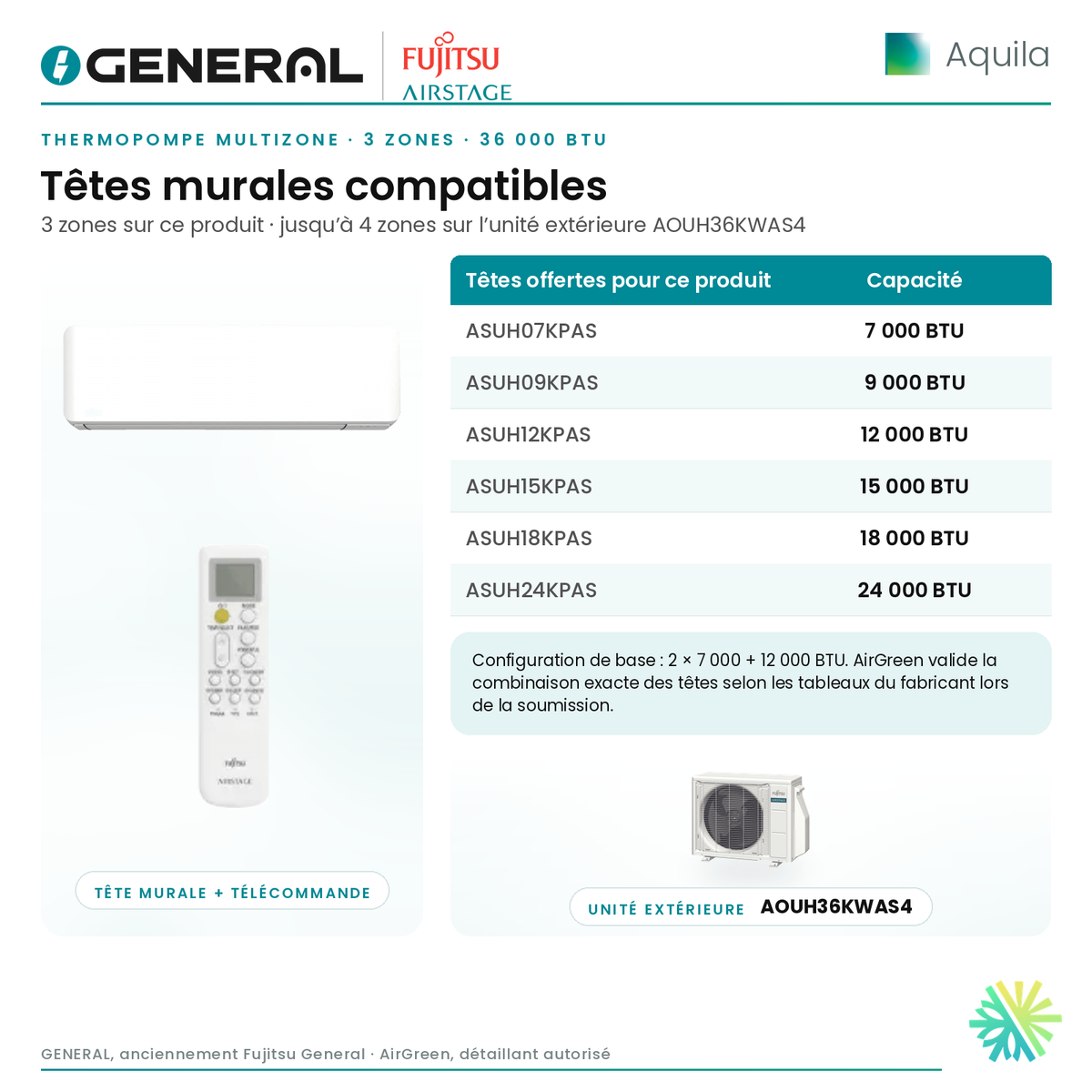 Thermopompe multizone GENERAL AIRSTAGE Aquila 3 zones 36 000 BTU – têtes murales compatibles | Montréal, Laval, Longueuil, Rive-Sud, Rive-Nord
