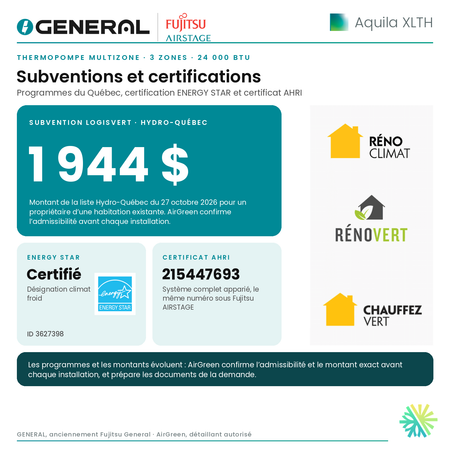 Thermopompe multizone GENERAL AIRSTAGE Aquila XLTH 3 zones 24 000 BTU – subventions et certifications | Montréal, Laval, Longueuil, Rive-Sud, Rive-Nord